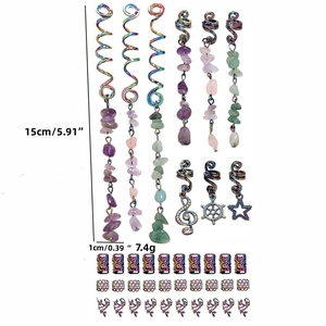 Colorful alloy dreadlock hair rings set with natural stone pendants and metal charms