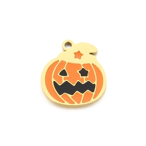 Halloween pumpkin devil pendant in golden stainless steel with orange enamel details