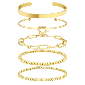 5-teiliges vergoldetes Armband-Set mit Büroklammerkette und breiten Armreifen aus Messing