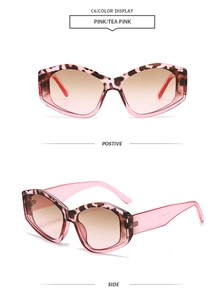 Dual view of pink leopard pattern cat-eye sunglasses with tea-pink gradient lenses