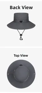 Deep grey sun hat with breathable vents and adjustable windproof strap from back and top view