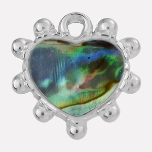 Detail of 304 stainless steel heart pendant with iridescent colorful abalone shell inlay