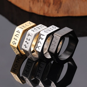Viking Rune Hexagon Ring Engraved Titanium Steel Nordic Retro Punk Style Jewelry For Men Band
