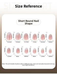 Size chart for short round nude gradient press-on nails with 12 dimensions