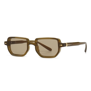 Retro square olive green acetate sunglasses with light brown lenses and gold arrow details