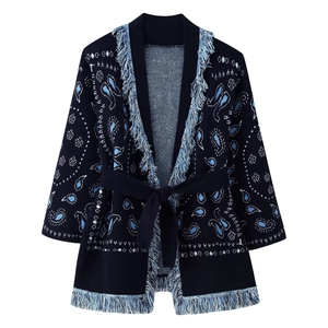 Women winter navy knit cardigan with light blue paisley jacquard and fringe tassels