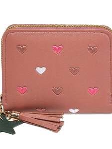 Short women's wallet in light brown leather with heart embroidery and tassel zipper charm