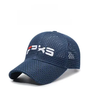 Detail view of navy mesh baseball cap with white BKS embroidery and breathable structure