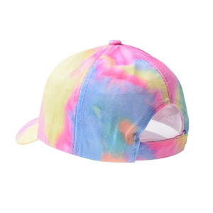 Detailed side view of multi-color tie-dye cotton baseball cap with adjustable strap