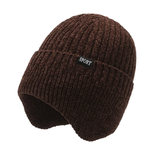 Deep brown chenille knitted earflap beanie for men featuring a SPORT logo patch