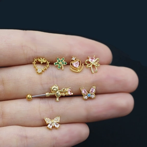 Titanium steel mini piercing stud set with bear butterfly and heart shapes in gold