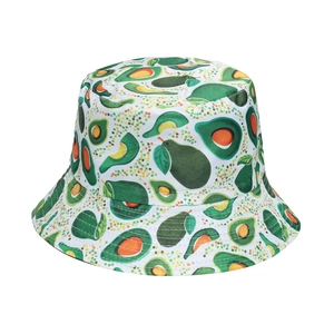 White cotton bucket hat with vibrant green avocado fruit print for sun protection