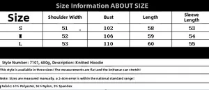 Größentabelle für Strickpulli mit S-L Maßen in CM und detaillierter Materialzusammensetzung