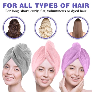 Absorbent microfiber hair towels for all hair types shown in grey, pink, and purple
