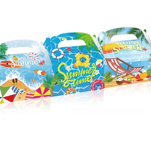 Detail showing high-quality summer party gift boxes with beach motifs and carry handles
