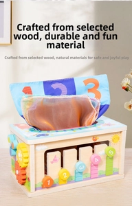 Wooden tissue box toy with colorful scarves and interactive gears for toddler learning