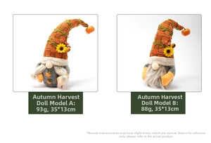 Detail view of harvest gnomes with orange plaid hats, sunflowers and pumpkin accents