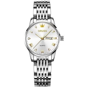 Silver stainless steel business quartz watch with white dial and day-date display window