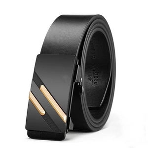 Men's black leather belt with automatic alloy buckle featuring gold diagonal stripes