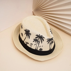 Chapeau de paille d'été avec ruban gros-grain noir et broderie de palmier