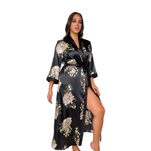 Elegant plus size black satin long floral print robe with lightweight belted silk-like fabric