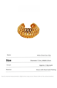 Detailed product info for gold plated wide chain ear cuff with size and weight specs