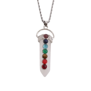 Chakra healing crystal necklace with white hexagonal column pendant and gemstone inlays