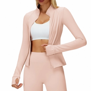 Pink stand collar fitness jacket and high waist leggings set with thumb hole design