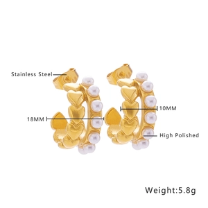 Minimalist gold stainless steel heart earrings with pearls and polished finish