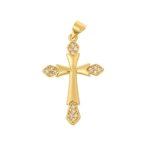 Close-up of gold-plated cross pendant with micro-paved cubic zirconia stones and bail