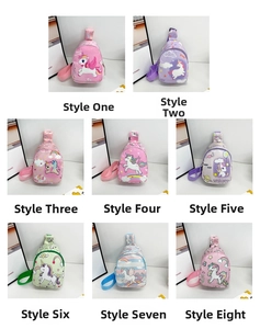 Collage of unicorn kids chest bags in 8 styles showing various colors and prints