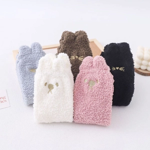 Thick coral fleece socks with cute 3D animal ears and gold embroidery in five colors