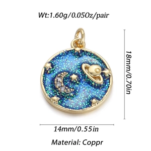 Detail view of heart pendant featuring blue starry sky enamel and gold plated copper rim