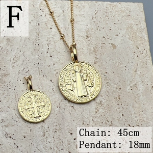Golden Saint Benedict Medal pendant necklace with 45cm beaded chain and 18mm charm