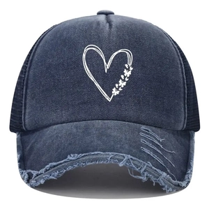 Vintage washed navy denim baseball cap with butterfly and heart print and distressed brim