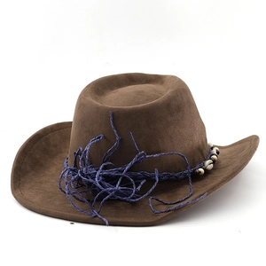 Detail of western suede hat featuring blue woven strap and white ethnic bead decorations