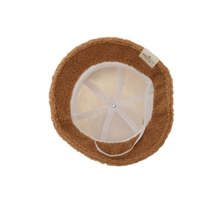 Brown plush sherpa bucket hat for babies with cute eyes and white elastic windproof strap