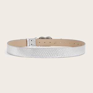Women's minimalist silver snakeskin texture belt with smooth metal buckle for jeans