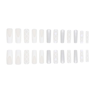 Set of 24 long ballerina press-on nails with white pearls, glitter, and floral lace designs