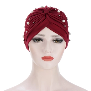 Burgundy pleated turban for women featuring elegant white pearls and silver metal beads