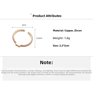 Detail view of rose gold adjustable ring with square zircon stone and dimensions