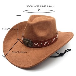 Brown faux suede western cowboy hat with leather belt and bull head metal ornament