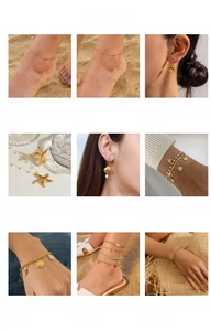 Detail showcasing assorted beach jewelry with shell and starfish charms in golden finishes