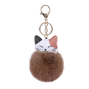 Cute lucky cat faux rabbit fur pom pom keychain with gold ring and brown plush ball