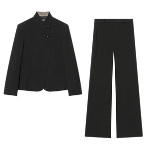 Women Stand Collar Side Button Blazer Jacket Or High Waist Wide Leg Pants Casual Office Wear Polyester Top Bottom