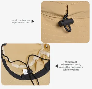 Détail d'un chapeau bob kaki réglable avec mentonnière et cordon arrière pour protection solaire