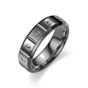 Polished titanium steel wide band ring for men with embedded circular zircon stones