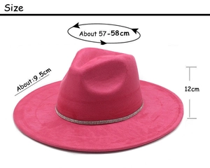 Fuchsia wide-brim jazz hat size guide with crown height and brim width measurements