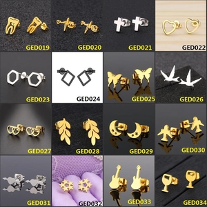 Detailed collection of 16 mini stainless steel stud earrings in gold, silver, and black finishes