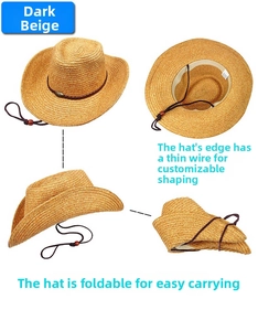Chapeau de soleil pliable en paille beige pour homme avec cordon et bord modelable